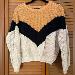 Lulus Autumn Leaves Tan Multi Chevron Stripe Knit Sweater Size Small